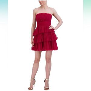 BCBGMAXAZRIA Size 10 Flattering Strapless Eve Tiered Tulle Mini Dress, Red